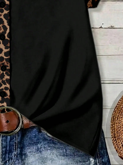EMERY ROSE Plus Size Leopard Print Color Block Shirt Formal Black Summer Casual