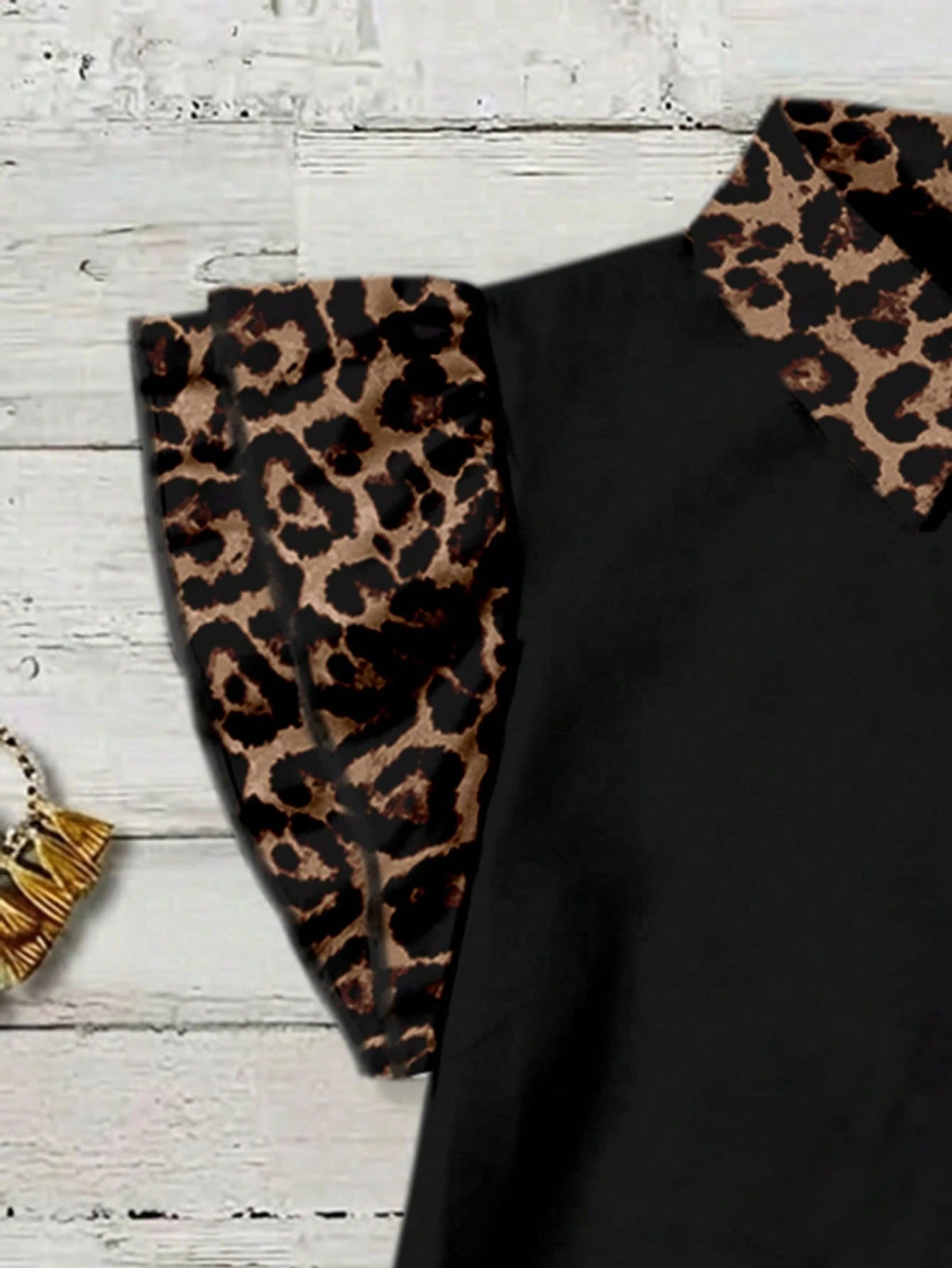 EMERY ROSE Plus Size Leopard Print Color Block Shirt Formal Black Summer Casual