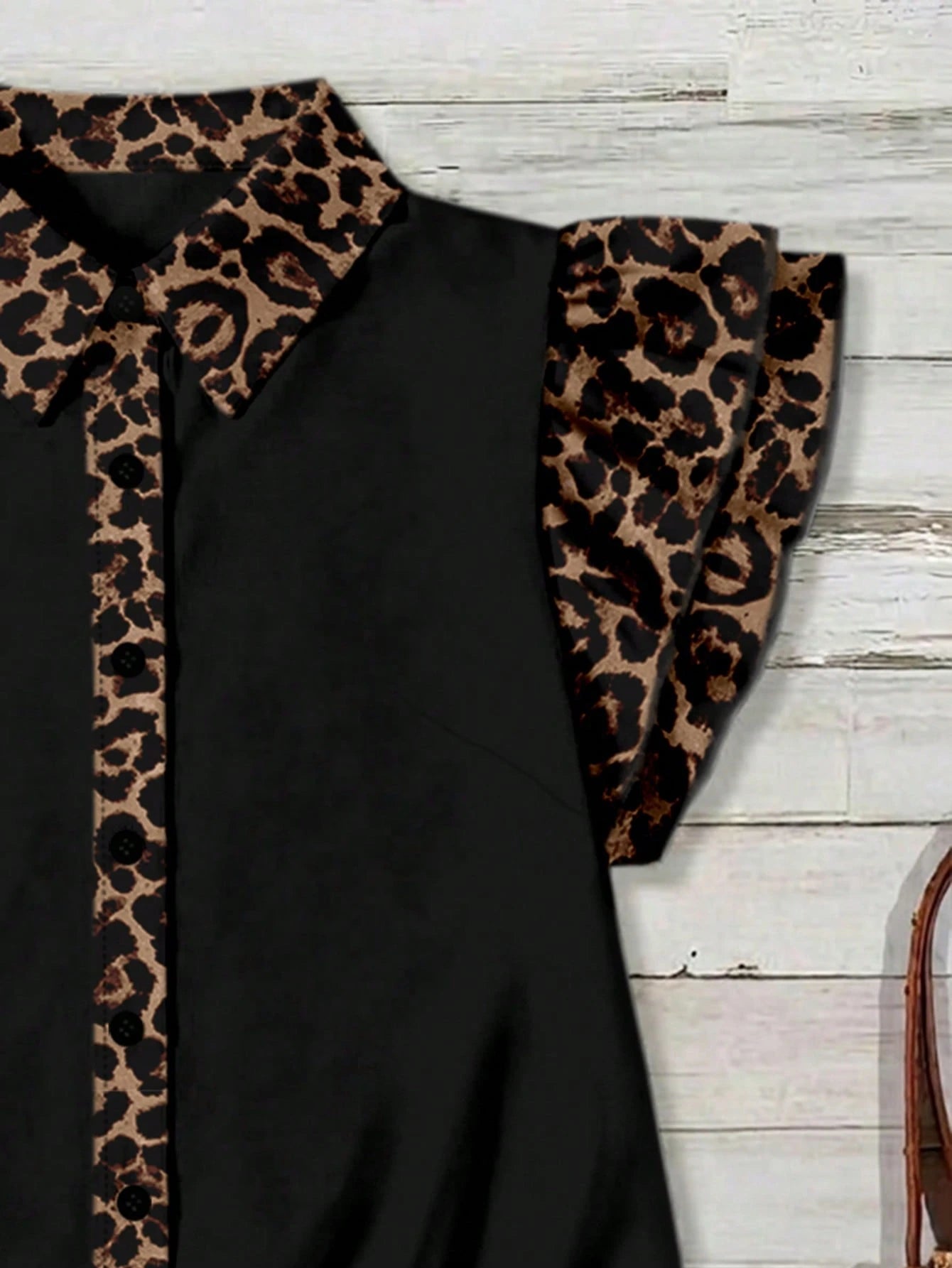 EMERY ROSE Plus Size Leopard Print Color Block Shirt Formal Black Summer Casual