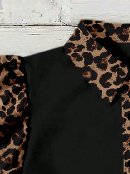 EMERY ROSE Plus Size Leopard Print Color Block Shirt Formal Black Summer Casual