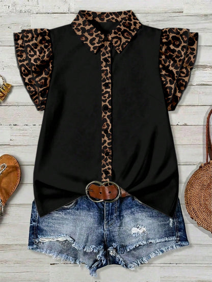 EMERY ROSE Plus Size Leopard Print Color Block Shirt Formal Black Summer Casual