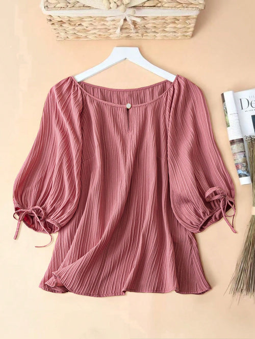EMERY ROSE Plus Size Women Elegant Blouse,Dusty Pink Striped Textured Lantern Sleeves Round Neck Bowknot Cuffs Cat Eye Button,Summer Smart Casual Everyday Work
