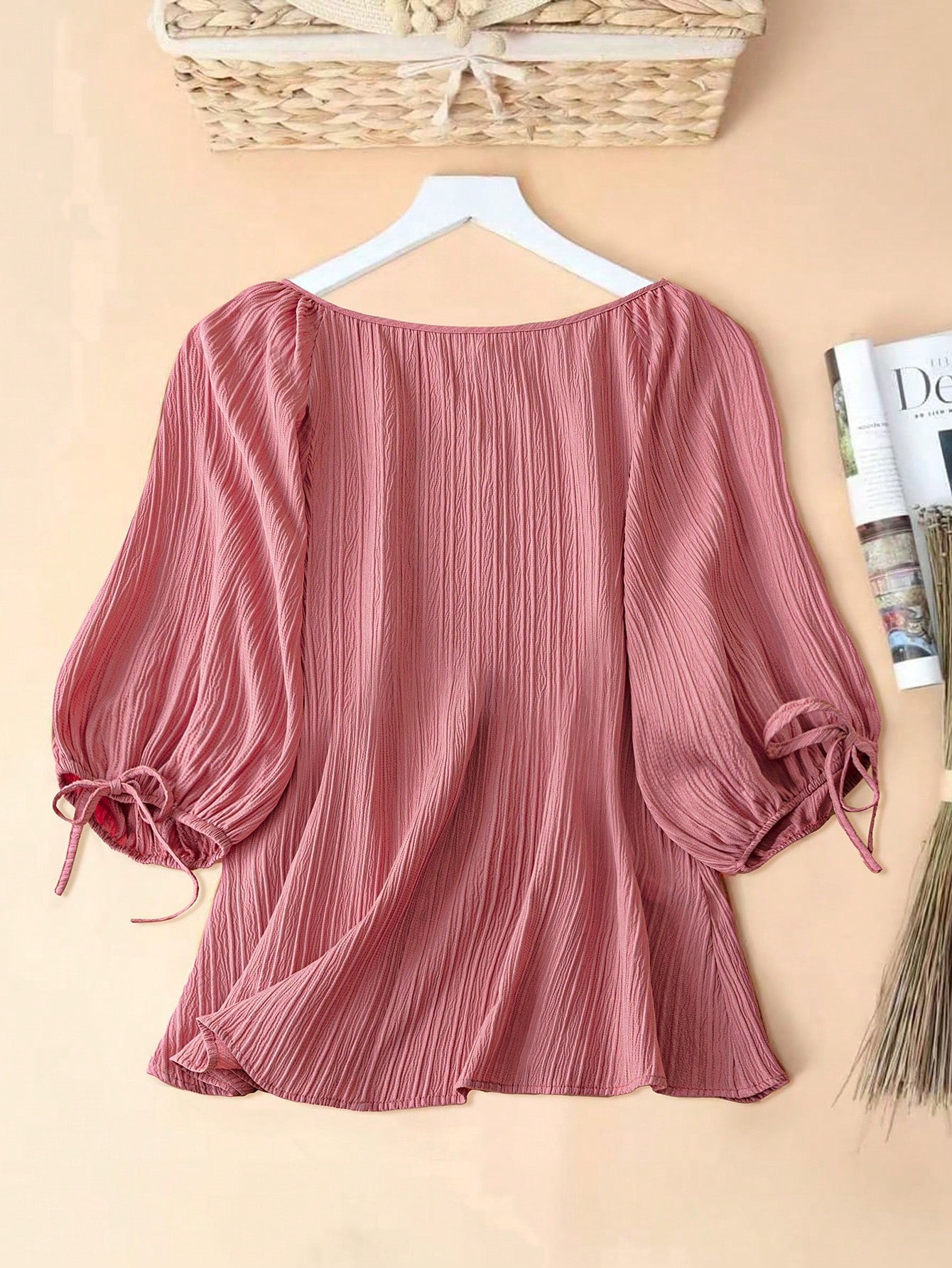 EMERY ROSE Plus Size Women Elegant Blouse,Dusty Pink Striped Textured Lantern Sleeves Round Neck Bowknot Cuffs Cat Eye Button,Summer Smart Casual Everyday Work