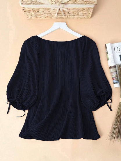 EMERY ROSE Plus Size Women Elegant Blouse,Dusty Pink Striped Textured Lantern Sleeves Round Neck Bowknot Cuffs Cat Eye Button,Summer Smart Casual Everyday Work
