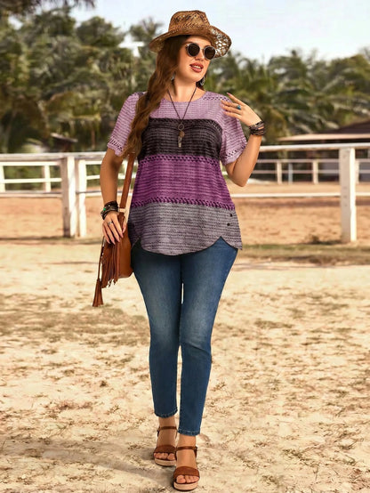 EMERY ROSE Plus Size Women Round Neck Color Block Casual Everyday Short Sleeve T-Shirt