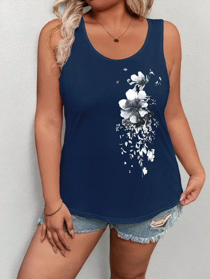 EMERY ROSE Plus Size Women's Crew Neck Sleeveless Heart & Animal Paw Print Graphic Racerback Tank Top, Vibrant Summer Shirt, Valentine's Day
