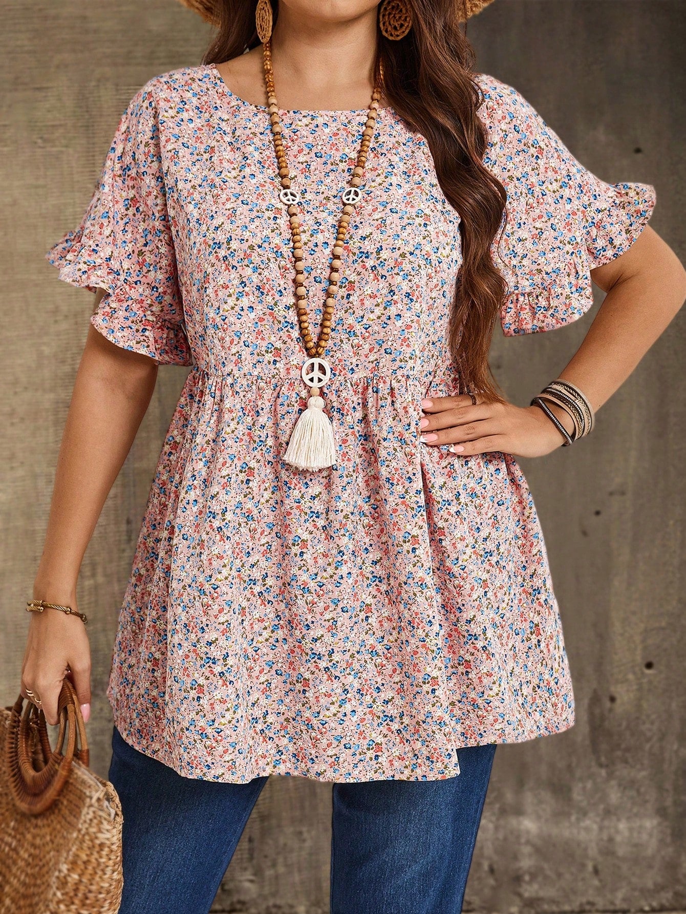EMERY ROSE Plus Size Women's Pink Floral Printed Round Neck Short Sleeve Ruffled Babydoll Blouse,Tunic Top,Summer,Boho,Western,Vacation,Holiday Country Concert
