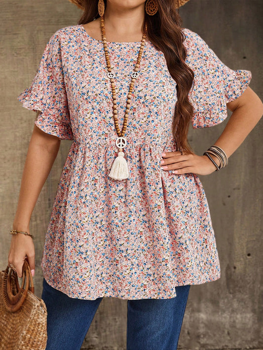 EMERY ROSE Plus Size Women's Pink Floral Printed Round Neck Short Sleeve Ruffled Babydoll Blouse,Tunic Top,Summer,Boho,Western,Vacation,Holiday Country Concert