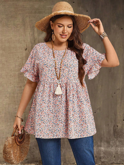 EMERY ROSE Plus Size Women's Pink Floral Printed Round Neck Short Sleeve Ruffled Babydoll Blouse,Tunic Top,Summer,Boho,Western,Vacation,Holiday Country Concert
