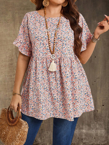 EMERY ROSE Plus Size Women's Pink Floral Printed Round Neck Short Sleeve Ruffled Babydoll Blouse,Tunic Top,Summer,Boho,Western,Vacation,Holiday Country Concert