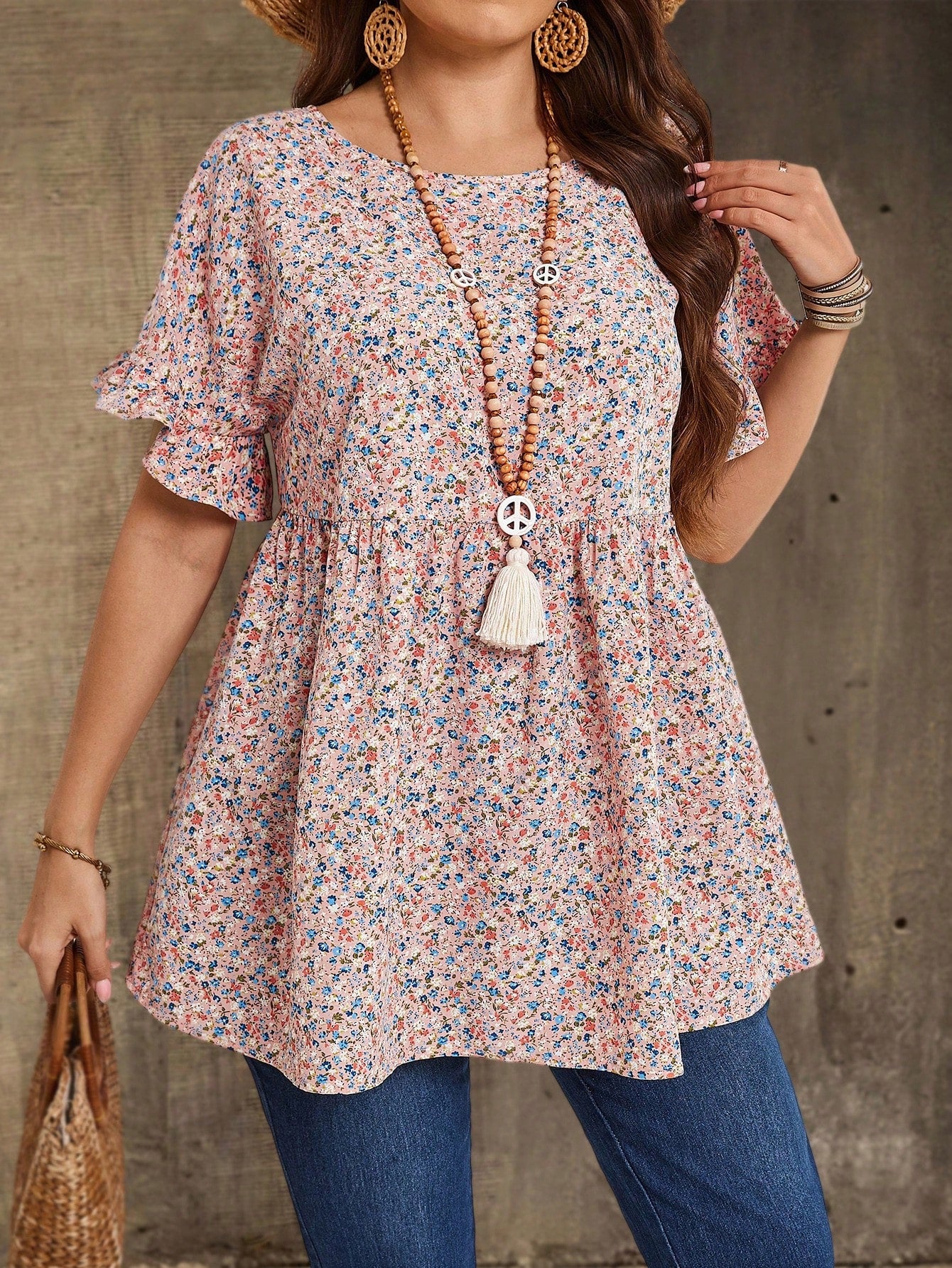 EMERY ROSE Plus Size Women's Pink Floral Printed Round Neck Short Sleeve Ruffled Babydoll Blouse,Tunic Top,Summer,Boho,Western,Vacation,Holiday Country Concert
