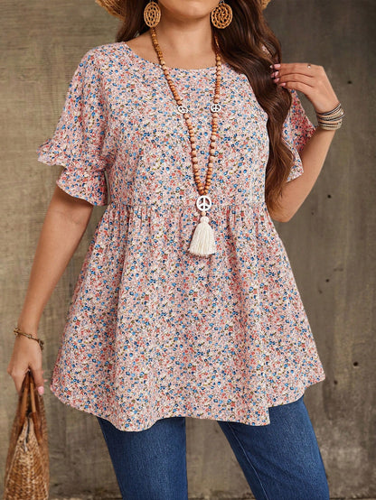 EMERY ROSE Plus Size Women's Pink Floral Printed Round Neck Short Sleeve Ruffled Babydoll Blouse,Tunic Top,Summer,Boho,Western,Vacation,Holiday Country Concert