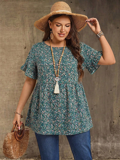 EMERY ROSE Plus Size Women's Pink Floral Printed Round Neck Short Sleeve Ruffled Babydoll Blouse,Tunic Top,Summer,Boho,Western,Vacation,Holiday Country Concert