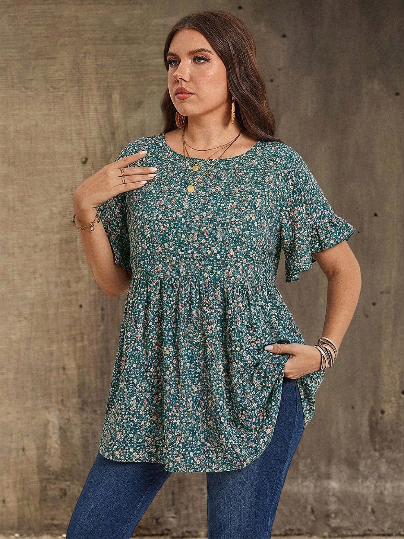 EMERY ROSE Plus Size Women's Pink Floral Printed Round Neck Short Sleeve Ruffled Babydoll Blouse,Tunic Top,Summer,Boho,Western,Vacation,Holiday Country Concert