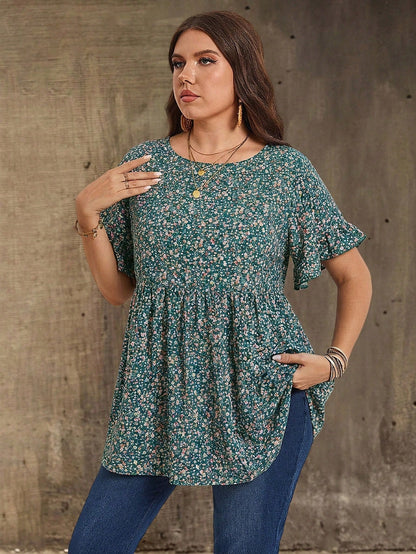 EMERY ROSE Plus Size Women's Pink Floral Printed Round Neck Short Sleeve Ruffled Babydoll Blouse,Tunic Top,Summer,Boho,Western,Vacation,Holiday Country Concert