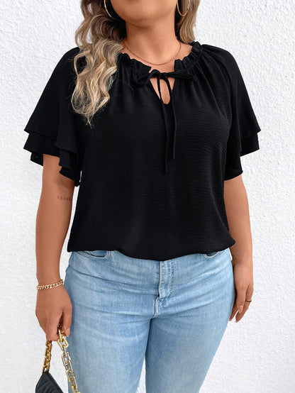 EMERY ROSE Plus Size Women's Tie-Neck Ruffle Trimmed Blouse With Flared Sleeves