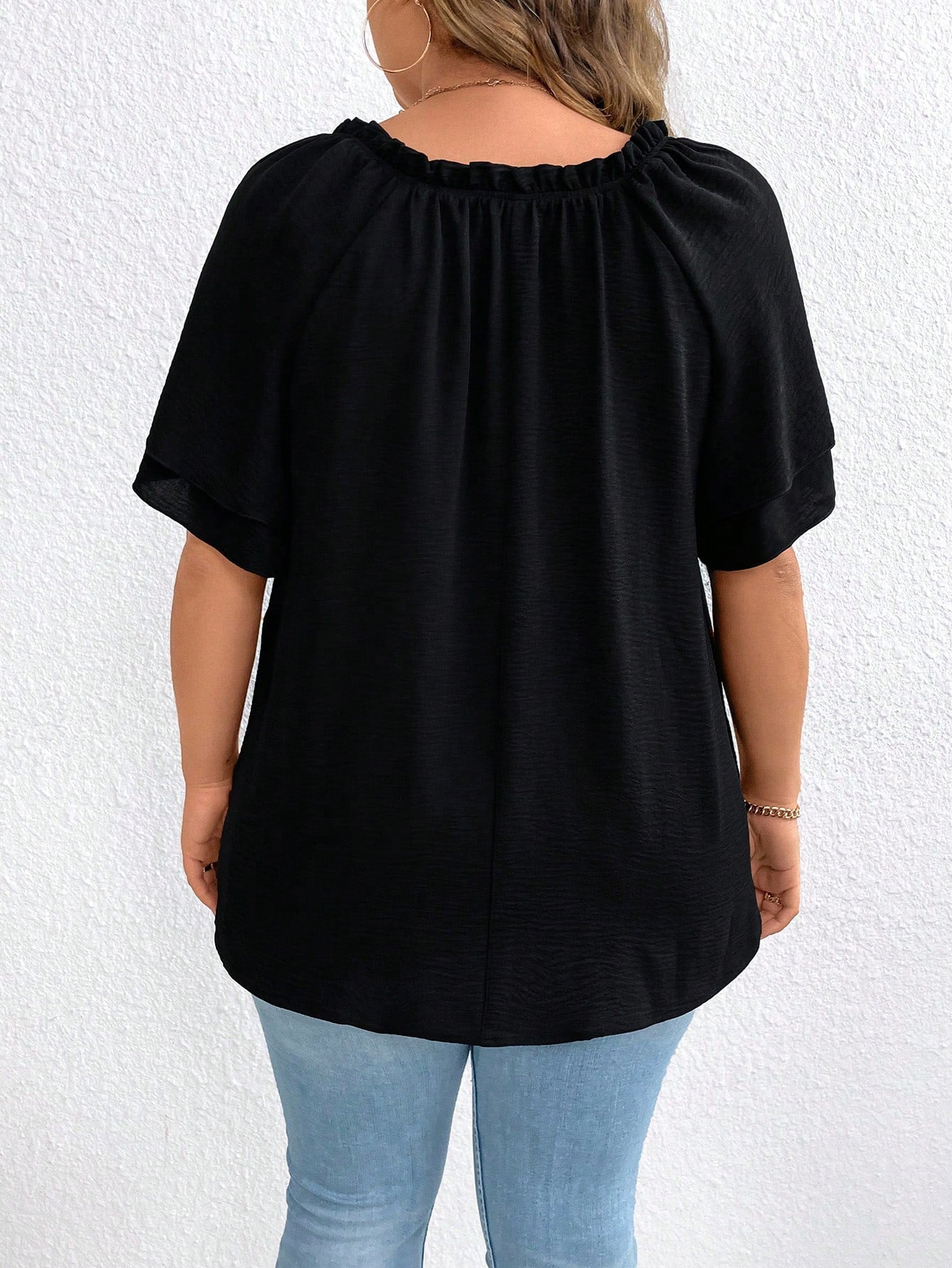 EMERY ROSE Plus Size Women's Tie-Neck Ruffle Trimmed Blouse With Flared Sleeves