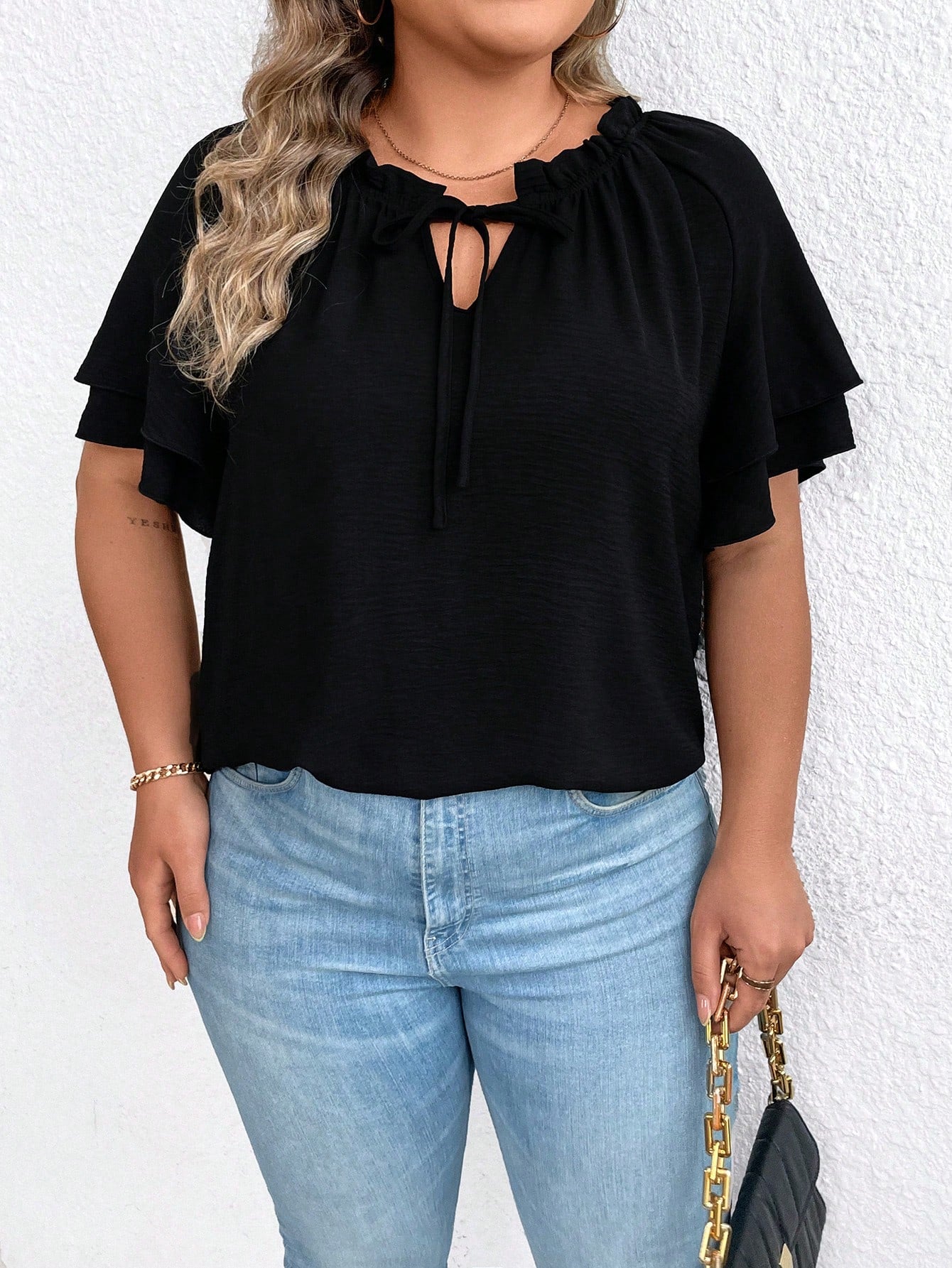 EMERY ROSE Plus Size Women's Tie-Neck Ruffle Trimmed Blouse With Flared Sleeves