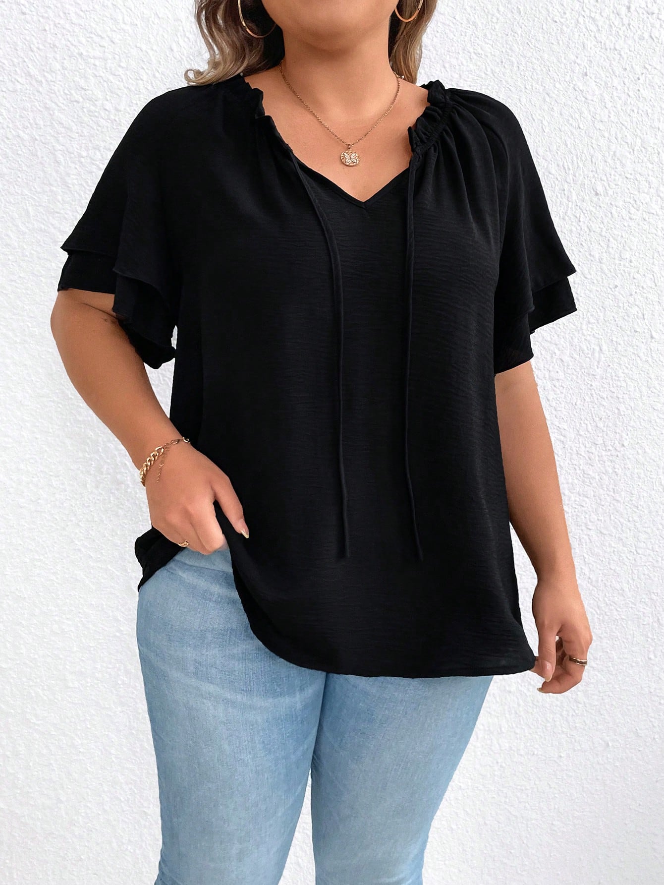EMERY ROSE Plus Size Women's Tie-Neck Ruffle Trimmed Blouse With Flared Sleeves