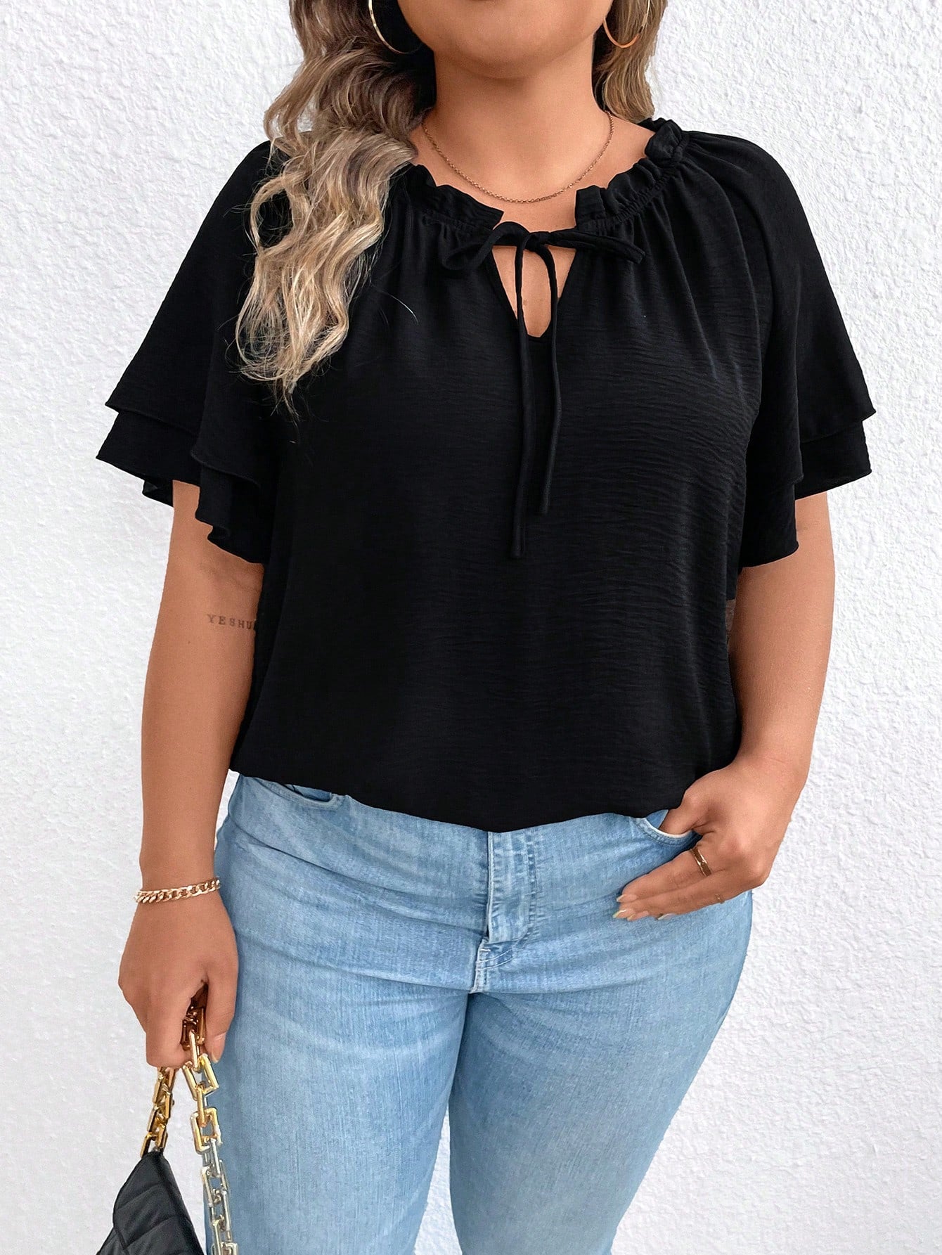 EMERY ROSE Plus Size Women's Tie-Neck Ruffle Trimmed Blouse With Flared Sleeves