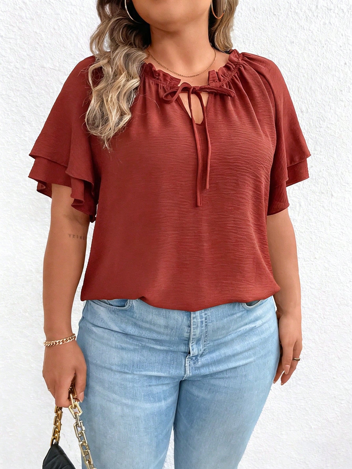 EMERY ROSE Plus Size Women's Tie-Neck Ruffle Trimmed Blouse With Flared Sleeves