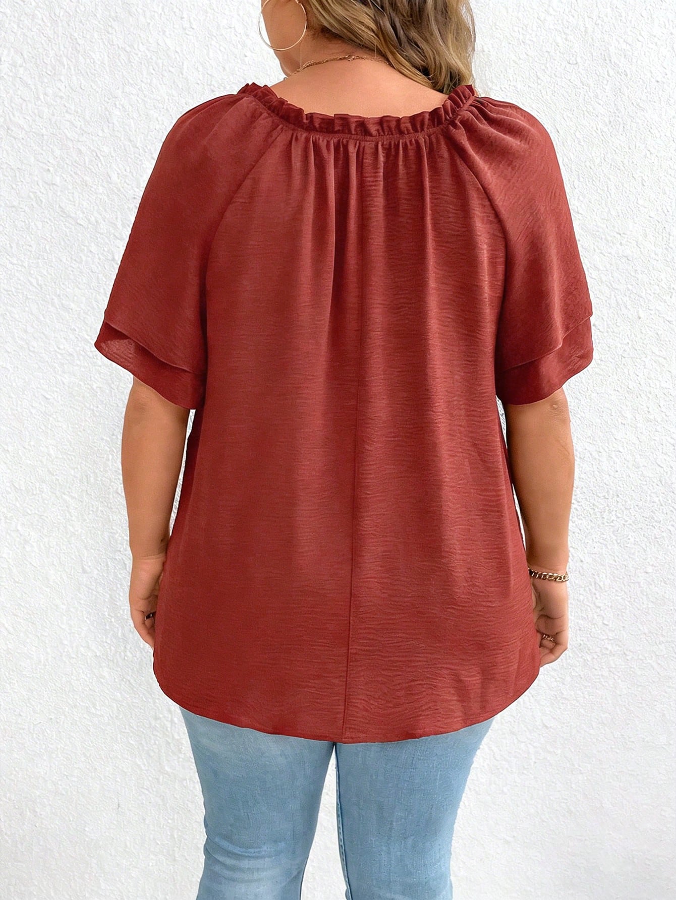 EMERY ROSE Plus Size Women's Tie-Neck Ruffle Trimmed Blouse With Flared Sleeves
