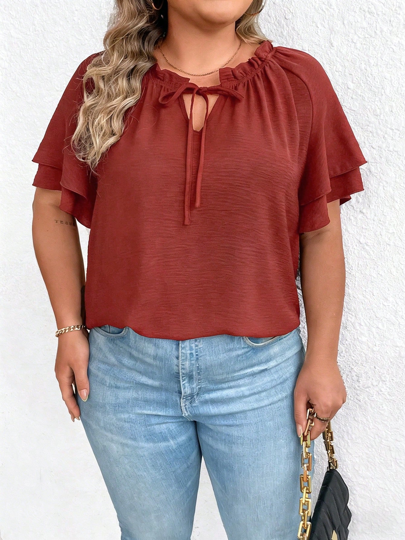 EMERY ROSE Plus Size Women's Tie-Neck Ruffle Trimmed Blouse With Flared Sleeves