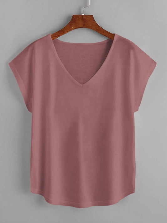 EMERY ROSE Solid Batwing Sleeve V-neck Curved Hem Tee