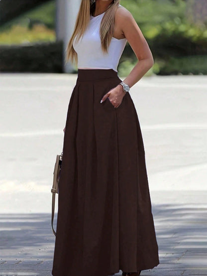 EMERY ROSE Women's A-Line High Waist Maxi Skirt With Pockets,Solid Brown Pleated Flowy Long Skirts,Shades Of Brown,Winter,Casual,Elegant,Office