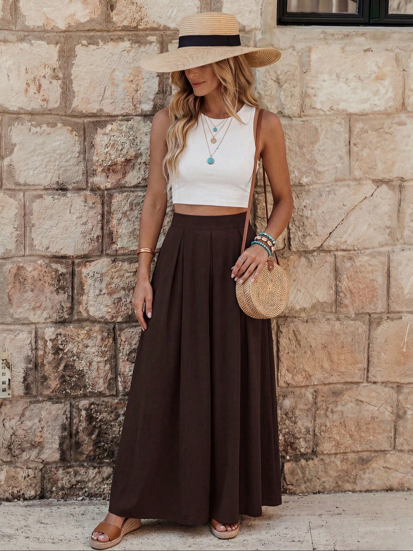 EMERY ROSE Women's A-Line High Waist Maxi Skirt With Pockets,Solid Brown Pleated Flowy Long Skirts,Shades Of Brown,Winter,Casual,Elegant,Office