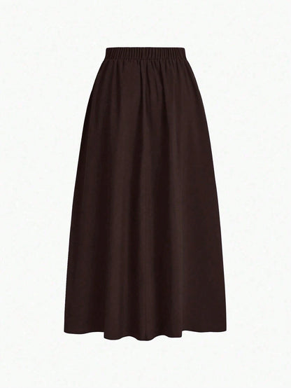 EMERY ROSE Women's A-Line High Waist Maxi Skirt With Pockets,Solid Brown Pleated Flowy Long Skirts,Shades Of Brown,Winter,Casual,Elegant,Office