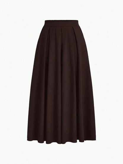 EMERY ROSE Women's A-Line High Waist Maxi Skirt With Pockets,Solid Brown Pleated Flowy Long Skirts,Shades Of Brown,Winter,Casual,Elegant,Office