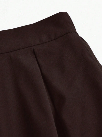 EMERY ROSE Women's A-Line High Waist Maxi Skirt With Pockets,Solid Brown Pleated Flowy Long Skirts,Shades Of Brown,Winter,Casual,Elegant,Office