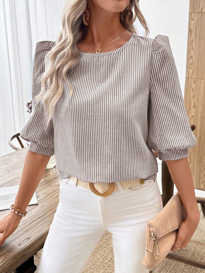 EMERY ROSE Women's Casual Commuter Striped Lantern Sleeve Shirt