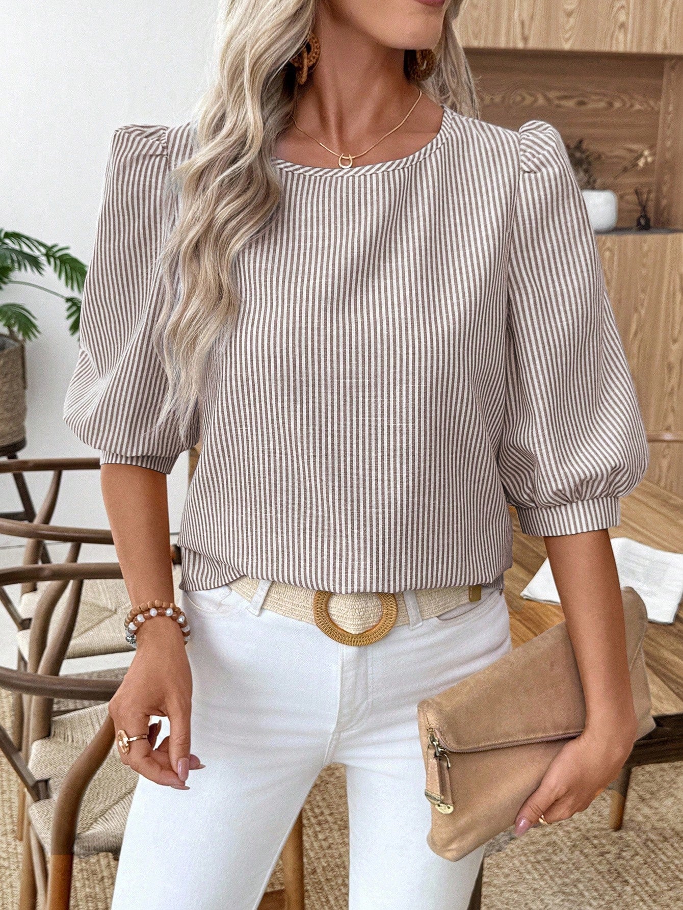 EMERY ROSE Women's Casual Commuter Striped Lantern Sleeve Shirt
