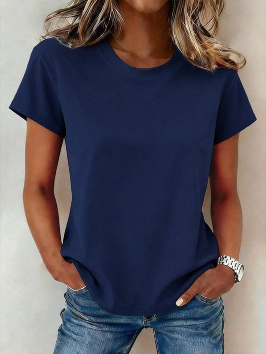 EMERY ROSE Women's Casual Solid Color Round Neck Short Sleeve T-Shirt, Versatile For Summer