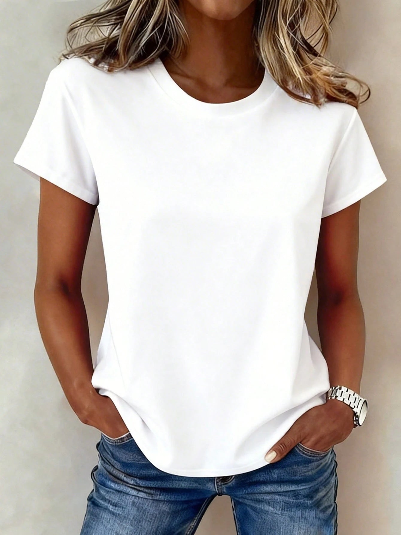 EMERY ROSE Women's Casual Solid Color Round Neck Short Sleeve T-Shirt, Versatile For Summer
