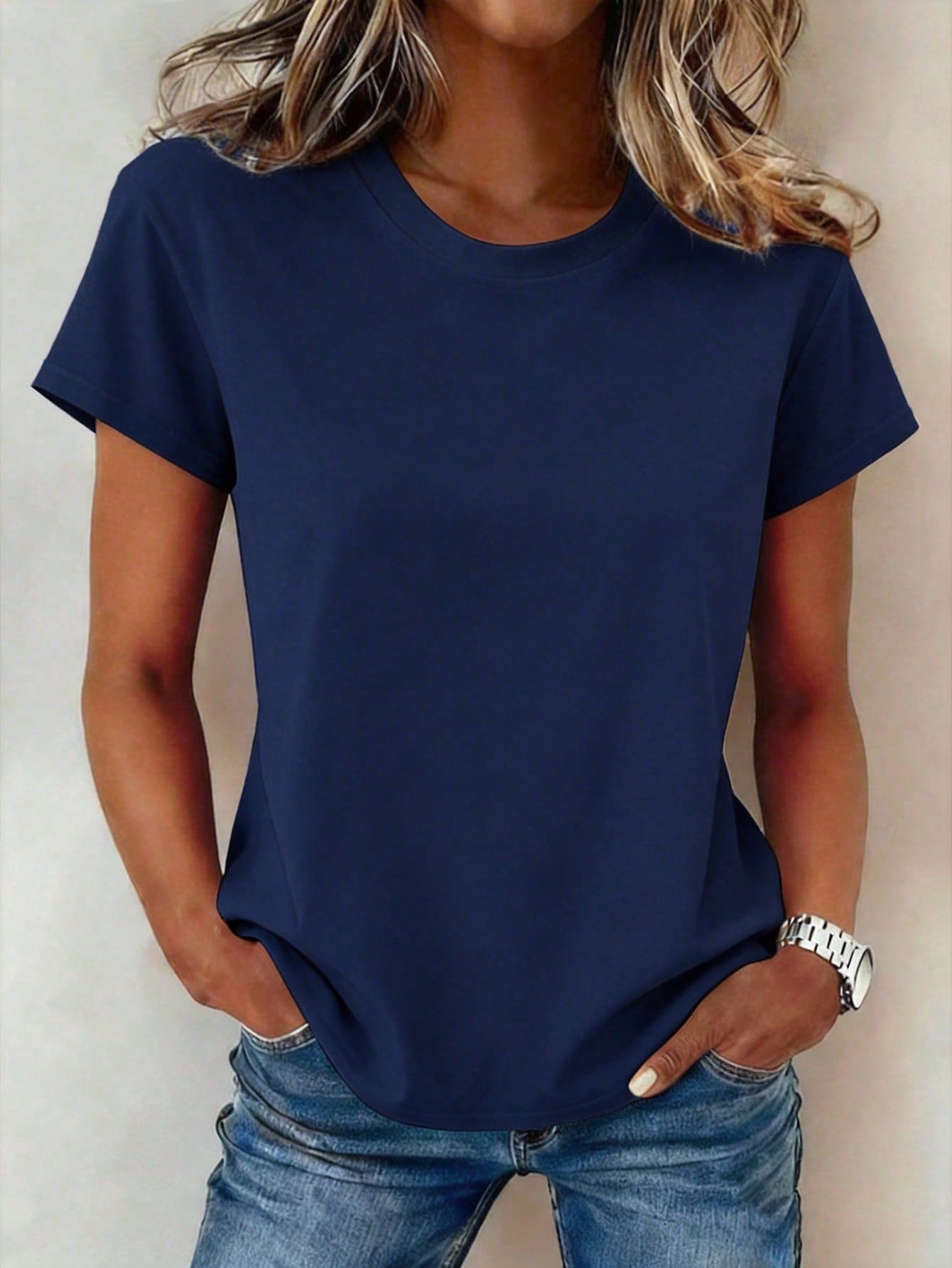 EMERY ROSE Women's Casual Solid Color Round Neck Short Sleeve T-Shirt, Versatile For Summer