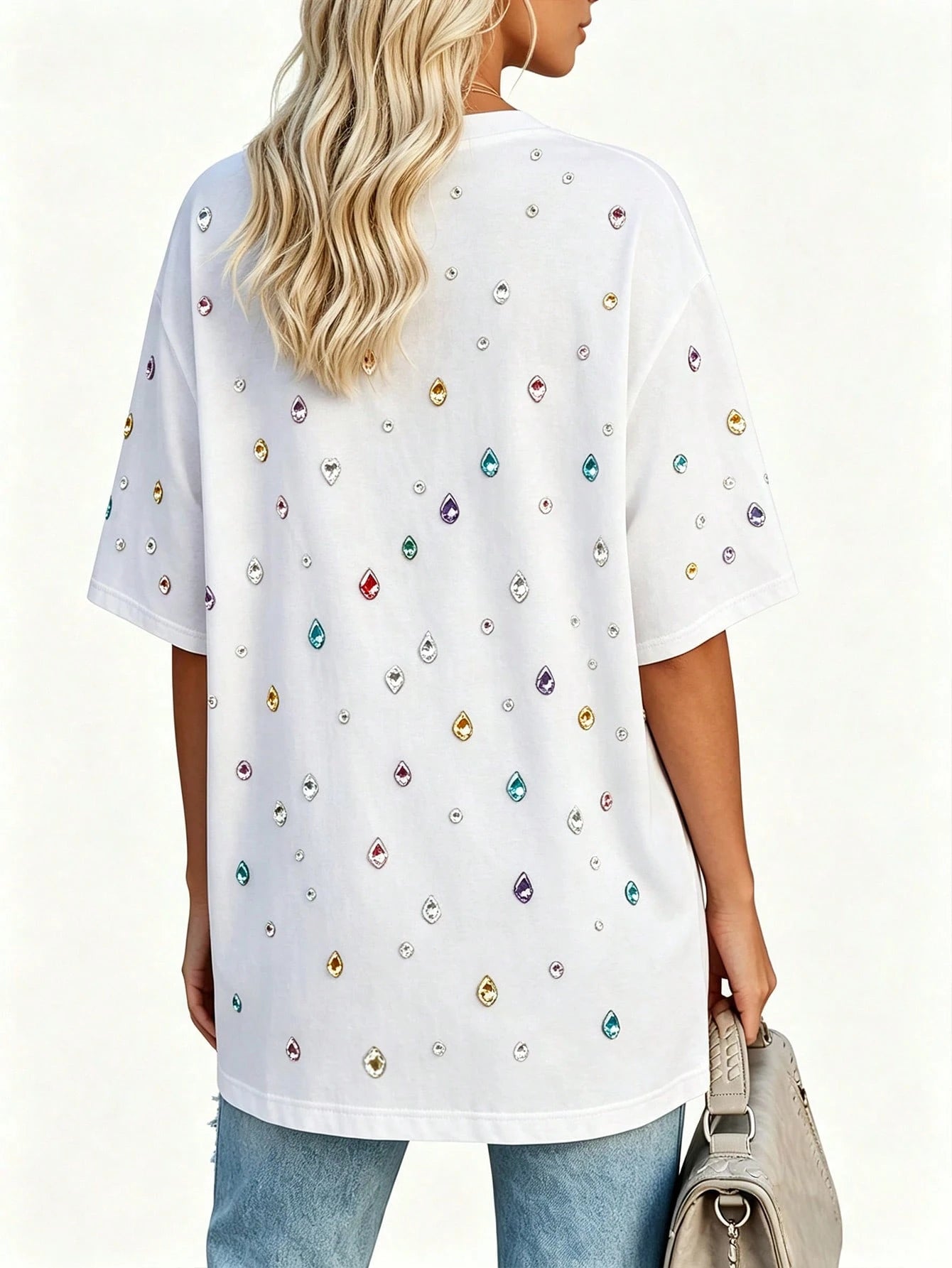 EMERY ROSE Women's Colorful Rhinestone V-Neck T-Shirt, Loose Short Sleeve Casual T-Shirt, Sparkling Gemstone Drop Pattern Summer Top