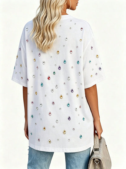 EMERY ROSE Women's Colorful Rhinestone V-Neck T-Shirt, Loose Short Sleeve Casual T-Shirt, Sparkling Gemstone Drop Pattern Summer Top