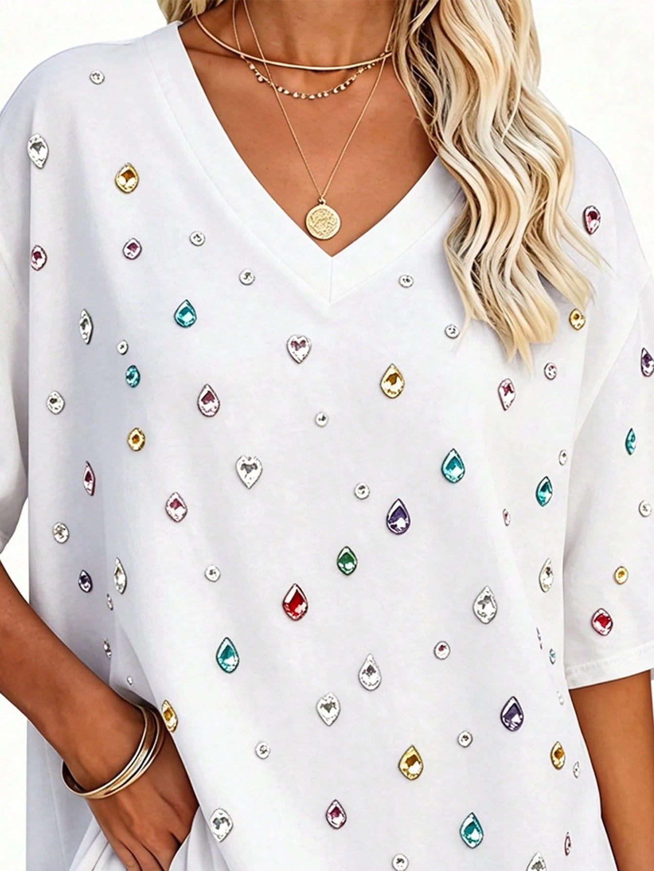 EMERY ROSE Women's Colorful Rhinestone V-Neck T-Shirt, Loose Short Sleeve Casual T-Shirt, Sparkling Gemstone Drop Pattern Summer Top