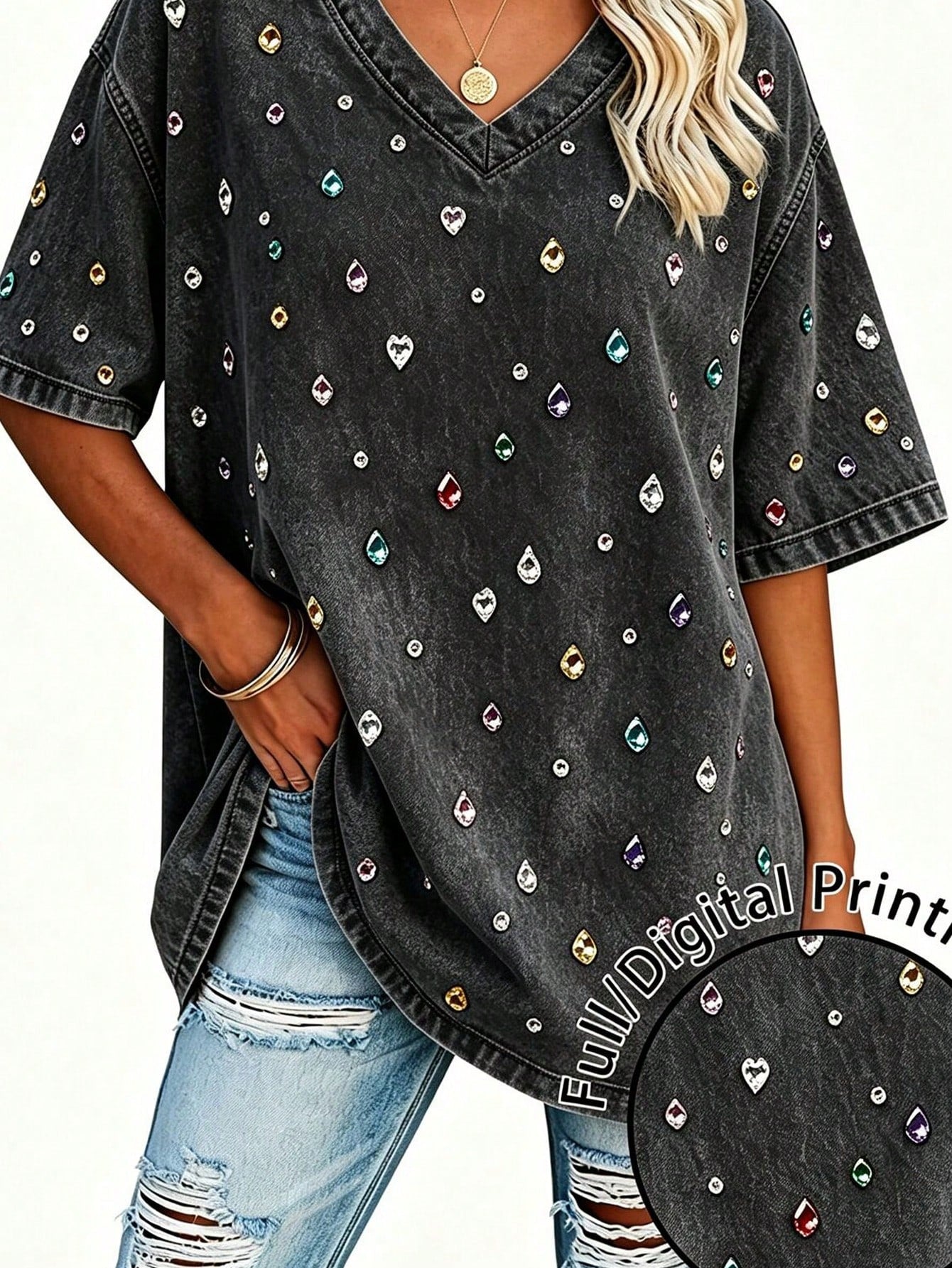 EMERY ROSE Women's Retro V-Neck Top, Casual Everyday Wear