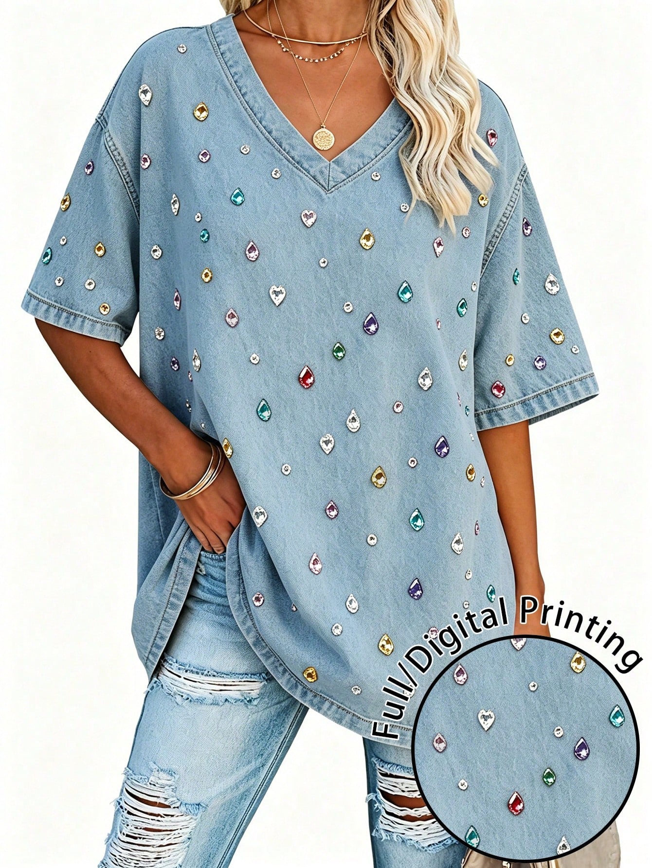 EMERY ROSE Women's Retro V-Neck Top, Casual Everyday Wear