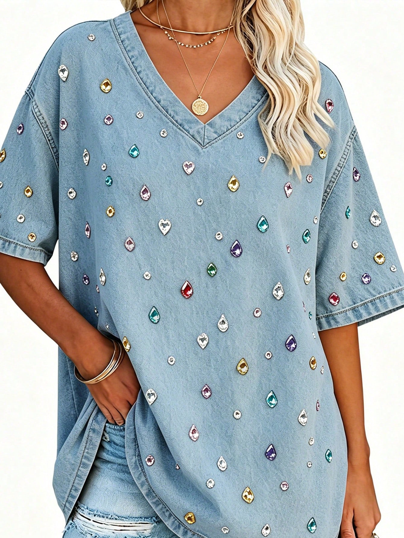 EMERY ROSE Women's Retro V-Neck Top, Casual Everyday Wear