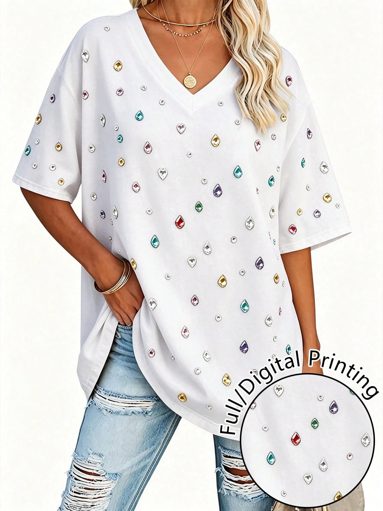 EMERY ROSE Women's Retro V-Neck Top, Casual Everyday Wear