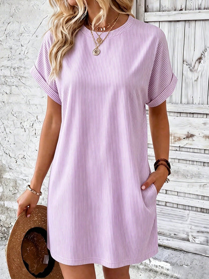 EMERY ROSE Women's Round Neck Pink And White Casual Daily Short Dress Vacation Summer