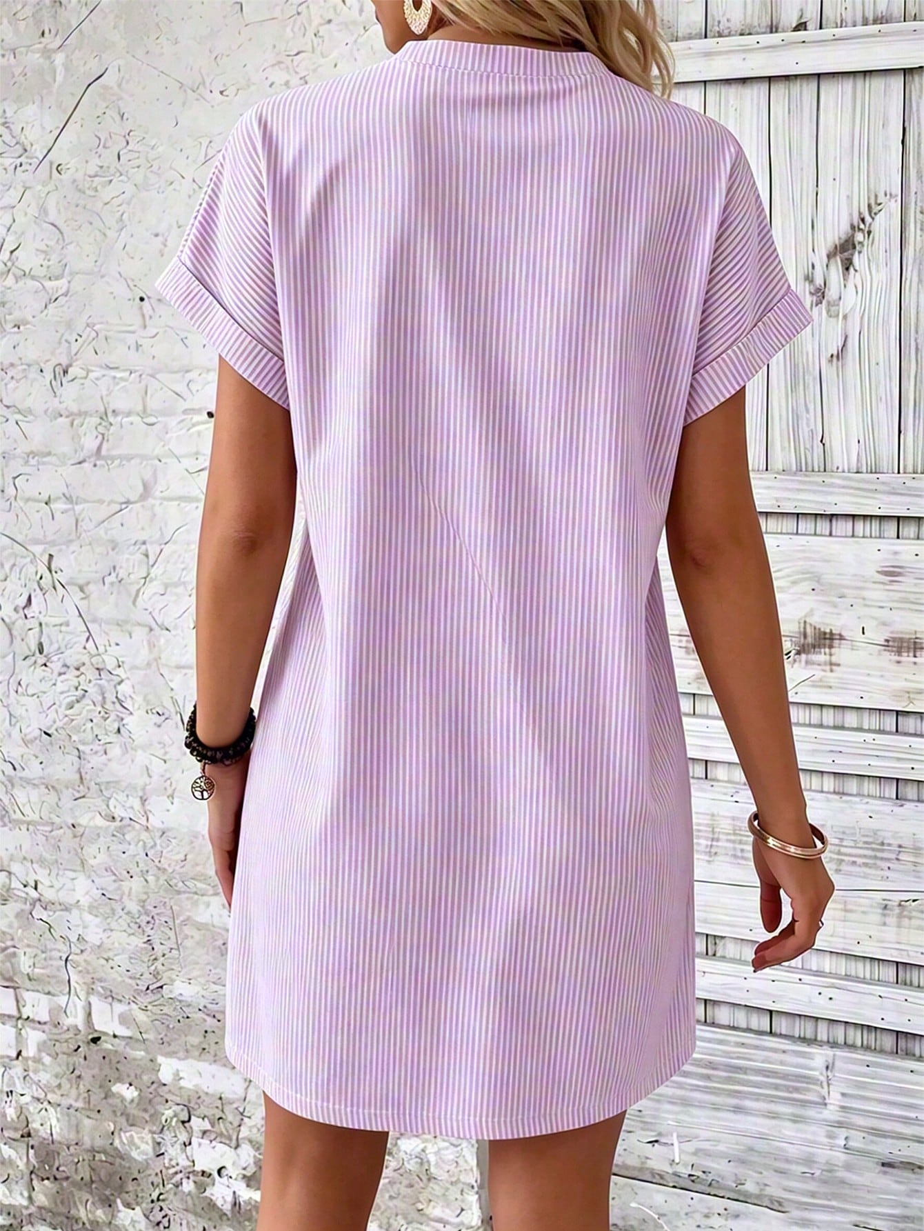 EMERY ROSE Women's Round Neck Pink And White Casual Daily Short Dress Vacation Summer