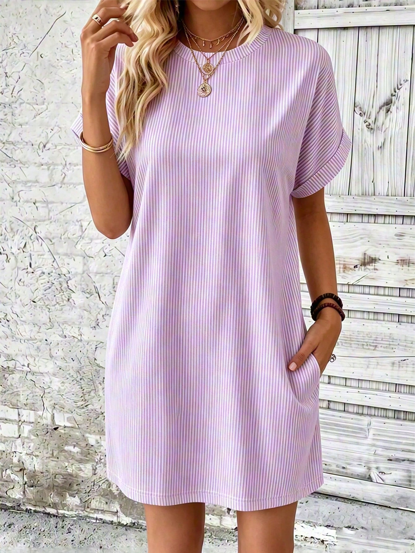 EMERY ROSE Women's Round Neck Pink And White Casual Daily Short Dress Vacation Summer