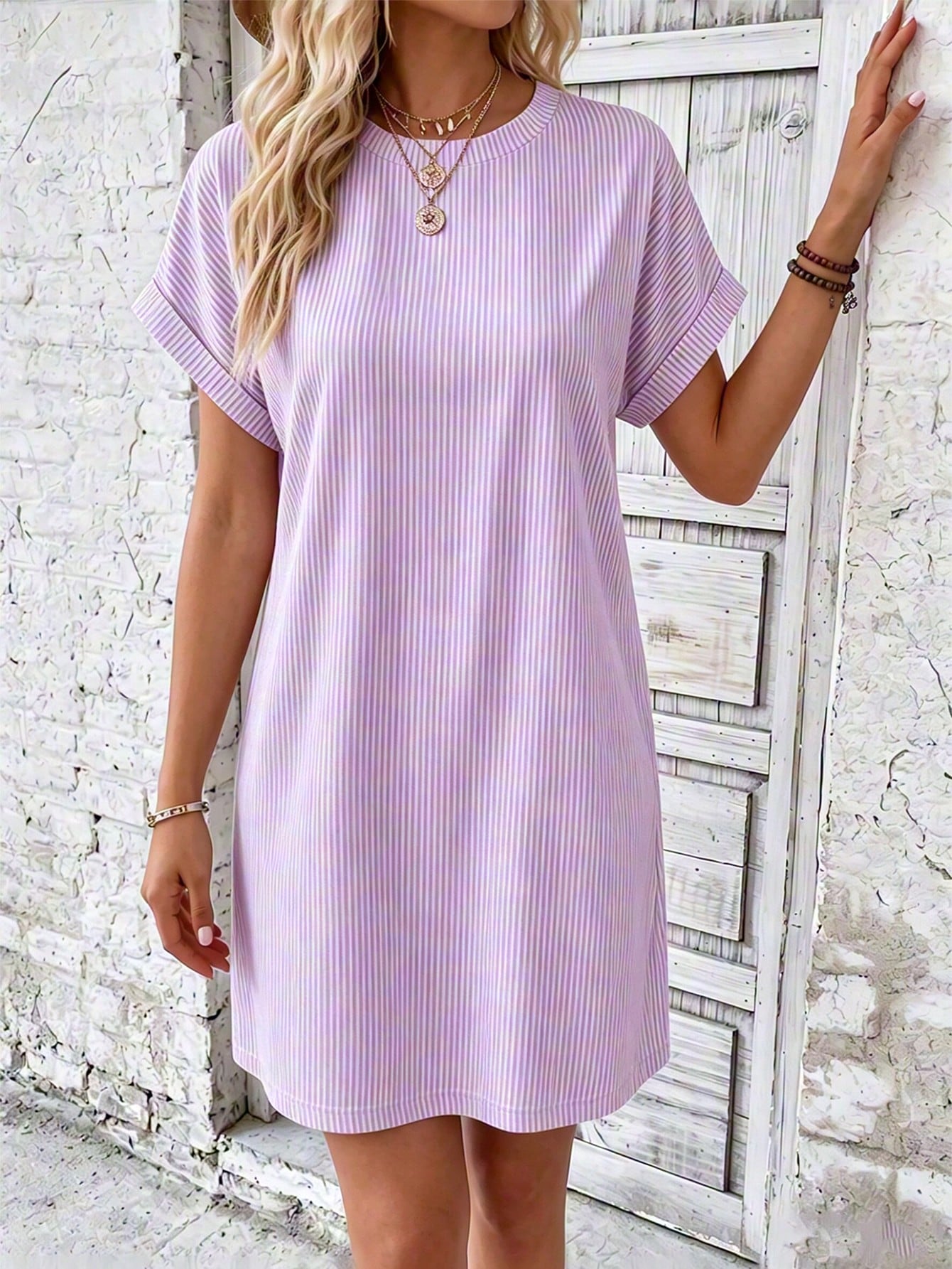 EMERY ROSE Women's Round Neck Pink And White Casual Daily Short Dress Vacation Summer