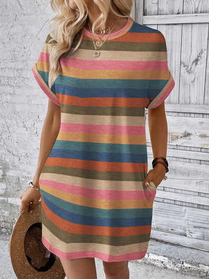 EMERY ROSE Women's Round Neck Pink And White Casual Daily Short Dress Vacation Summer